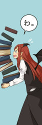 Rule 34 | 1girl, absurdres, blue background, blush, book, book stack, chii-kun (seedyoulater), flying sweatdrops, head wings, highres, koakuma, long hair, long sleeves, low wings, open mouth, pointy ears, puffy long sleeves, puffy sleeves, red hair, simple background, solo, touhou, wavy mouth, wings