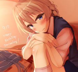Rule 34 | 1girl, alternate costume, blonde hair, blue eyes, blue vest, blush, braid, character name, closed mouth, commentary, darjeeling (girls und panzer), dated, dress shirt, english text, girls und panzer, hands on own knees, happy birthday, leg up, looking at viewer, loose socks, nksk, shirt, short hair, sitting, smile, socks, solo, sweater vest, vest, white legwear, white shirt