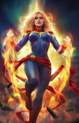Rule 34 | 1girl, blonde hair, blue bodysuit, bodysuit, breasts, captain marvel, carol danvers, clenched hands, covered navel, dcwj, highres, long hair, looking at viewer, magic, marvel, medium breasts, red footwear, red sash, sash, signature, solo, waist sash
