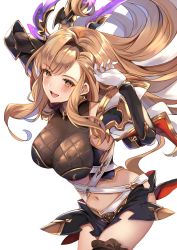 Rule 34 | 1girl, aoi (kirabosi105), blush, bracer, breasts, brown eyes, brown hair, commentary, gloves, granblue fantasy, hair ornament, hairband, highres, large breasts, long hair, navel, open mouth, simple background, smile, solo, tweyen (granblue fantasy), white background