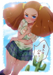 Rule 34 | 1girl, bad id, bad pixiv id, black socks, blue eyes, blush, breasts, brown hair, cactus, character request, cloud, day, hizuki akira, kneehighs, lens flare, long hair, looking at viewer, medium breasts, open mouth, plaid, plaid skirt, see-through, skirt, sky, socks, solo, translation request, twintails, water, wet, wet clothes