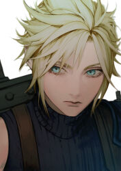 Rule 34 | 1boy, 9ibem, bishounen, blonde hair, blue eyes, cloud strife, expressionless, final fantasy, final fantasy vii, looking to the side, male focus, short hair, simple background, sleeveless, sleeveless turtleneck, solo, spiked hair, suspenders, sword, turtleneck, upper body, weapon, weapon on back, white background