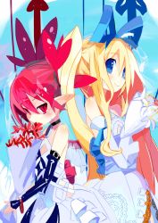 Rule 34 | 2girls, arm warmers, black neckwear, black sleeves, blonde hair, blue background, blue bow, blue eyes, bouquet, bow, bride, choker, closed mouth, detached sleeves, disgaea, dress, etna (disgaea), flonne, flower, hair between eyes, hair bow, highres, holding, holding bouquet, long hair, looking at viewer, makai senki disgaea, miyakawa106, multiple girls, pointy ears, red eyes, red hair, see-through, short hair, side ponytail, smile, spider lily, spiked hair, twintails, upper body, veil, white dress, white sleeves