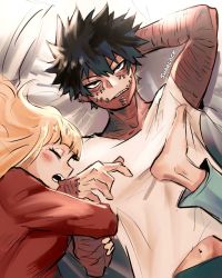 Rule 34 | 1boy, 1girl, 1other, arm behind head, arm grab, artist name, bed sheet, black eyes, black hair, blonde hair, boku no hero academia, burn scar, cheek piercing, closed eyes, dabi (boku no hero academia), feet, highres, looking at viewer, male focus, multiple scars, navel, open mouth, parted lips, piercing, scar, scar on arm, scar on hand, scar on neck, sharl0ck, shirt, spiked hair, staple, stapled, stitches, toga himiko, white shirt