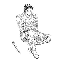 Rule 34 | 1boy, black sclera, colored sclera, colored tips, dorohedoro, facial mark, full body, greyscale, jumpsuit, knee up, male focus, monochrome, multicolored hair, no eyebrows, risu (dorohedoro), shoes, sitting, solo, to (pixiv 34180059), tool belt