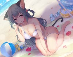 Rule 34 | 1girl, animal ears, areola slip, bad id, bad twitter id, ball, bare arms, bare legs, bare shoulders, barefoot, beach, beachball, bikini, breasts, can, cat ears, cat tail, cleavage, collarbone, commentary request, day, dutch angle, flower, full body, green hair, hibiscus, highres, innertube, large breasts, long hair, looking at viewer, momoirone, mouse ears, mouse tail, mouth hold, ocean, original, pink eyes, red flower, sandals, side-tie bikini bottom, solo, starfish, swim ring, swimsuit, tail, two side up, untied bikini, white bikini