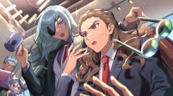 4boys black_jacket blue_hair blue_shirt brown_hair coffee_mug collared_shirt cup dolustoy eyepatch formal_clothes glasses highres inazuma_eleven_(series) inazuma_eleven_go jacket kidou_yuuto light_blue_hair long_hair male_focus mikado_haruma miyabino_reiichi mug multiple_boys necktie purple_hair red_necktie sakuma_jirou shirt sparkle suit sweatdrop teikoku unworn_eyewear vest white_shirt white_vest