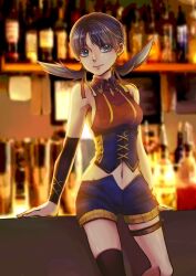 Rule 34 | 1girl, aqua eyes, arm support, ayan ip, bar (place), bare shoulders, belt, blurry, blurry background, breasts, brown thighhighs, closed mouth, collared shirt, commentary request, corset, creatures (company), earrings, eyelashes, flipped hair, game freak, hair ribbon, highres, indoors, jewelry, knees, kris (pokemon), long hair, medium breasts, navel, nintendo, pokemon, pokemon adventures, red ribbon, ribbon, shirt, short shorts, shorts, sideboob, single thighhigh, sleeveless, sleeveless shirt, smile, solo, thigh belt, thigh strap, thighhighs, twintails, yellow ribbon