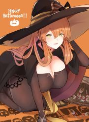 Rule 34 | 10eki (tenchou), 1girl, absurdres, all fours, black cape, black hat, blush, breasts, brown dress, brown hair, candy, cape, cleavage, dress, food, girls&#039; frontline, gloves, green eyes, hair between eyes, hair rings, halloween costume, hat, hat ribbon, highres, large breasts, long hair, looking at viewer, official alternate costume, ribbon, sidelocks, solo, springfield (classic witch) (girls&#039; frontline), springfield (girls&#039; frontline), sweatdrop, witch hat