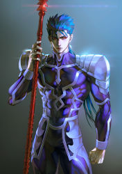 Rule 34 | 1boy, blue hair, cu chulainn (fate), cu chulainn (fate/stay night), earrings, fate/grand order, fate/stay night, fate (series), gae bolg (fate), highres, holding, jewelry, kim yura (goddess mechanic), long hair, male focus, muscular, polearm, ponytail, red eyes, solo, spear, thick thighs, thighs, weapon