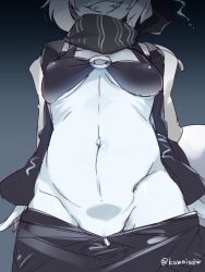 Rule 34 | 10s, 1girl, abyssal ship, black scarf, blue skin, breasts, breasts apart, colored skin, covered erect nipples, cowboy shot, female focus, gradient background, grin, groin, head out of frame, kantai collection, kawaisou, long sleeves, medium breasts, multicolored background, navel, no panties, o-ring, o-ring top, one-hour drawing challenge, partially visible vulva, pussy, pussy peek, re-class battleship, scarf, sharp teeth, smile, solo, stomach, teeth, twitter username, two-tone background, white hair, zipper pull tab