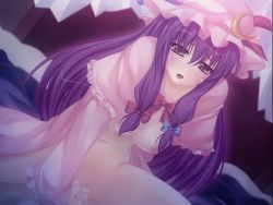 Rule 34 | 1girl, bad id, bad pixiv id, breasts, censored, cowgirl position, crescent, cum, cum in pussy, girl on top, hat, medium breasts, nipples, onsen tamago (nurumayu onsen), patchouli knowledge, pov, purple eyes, purple hair, sex, solo, straddling, touhou