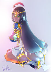 Rule 34 | 1girl, ass, black hair, blush, breasts, bridal gauntlets, butt crack, dark-skinned female, dark skin, egyptian, egyptian clothes, fate/grand order, fate (series), forehead jewel, from behind, highres, hori shin, kneeling, large breasts, long hair, looking at viewer, looking back, scheherazade (fate), shiny skin, skindentation, smile, solo, squatting