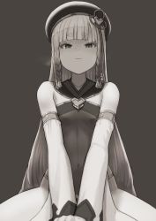 Rule 34 | 1girl, bare shoulders, beret, braid, breasts, closed mouth, covered navel, detached sleeves, erune, eyeliner, granblue fantasy, greyscale, hat, highres, long hair, looking at viewer, makeup, monochrome, multiple braids, nosuku, open mouth, pholia, quad braids, short eyebrows, side braids, sideless outfit, small breasts, smile, solo, thighs, very long hair, wide sleeves