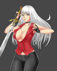 Rule 34 | absurdres, black legwear, breasts, cleavage, emojo, highres, holding, holding weapon, large breasts, long hair, vest, weapon, white hair