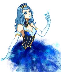 Rule 34 | 10s, 1girl, adapted costume, bad id, bad pixiv id, bare shoulders, blue eyes, blue hair, blue rose (tiger &amp; bunny), breasts, cleavage, crown, dress, elbow gloves, gloves, hat, karina lyle, lipstick, long hair, makeup, matching hair/eyes, medium breasts, shijima (genkou), solo, superhero costume, tiger &amp; bunny