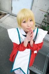 Rule 34 | 1girl, 2007, apron, asian, bench, blonde hair, blue eyes, chippi, color contacts, cosplay, erstin ho, erstin ho (cosplay), highres, looking at viewer, maid, maid apron, my-otome, outdoors, photo (medium), school uniform, serafuku, short hair, sitting, solo, thighhighs, watermark, web address, white thighhighs, zettai ryouiki