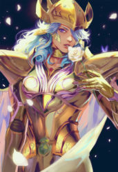 Rule 34 | 1boy, armor, biting, cowboy shot, emg (christain), flower, flower in mouth, gauntlets, gold armor, helmet, long hair, looking at viewer, male focus, mole, mole under eye, parted lips, pisces aphrodite, realistic, rose, saint seiya, solo, white flower, white rose