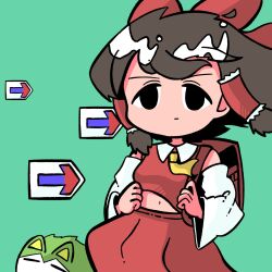 Rule 34 | 1girl, algodoo, arrow (symbol), ascot, backpack, bag, black eyes, bow, brown hair, closed mouth, collared shirt, commentary, cookie (touhou), daiyousei, detached sleeves, diyusi (cookie), empty eyes, expressionless, feet out of frame, frilled hair tubes, frills, green background, hair bow, hair tubes, hakurei reimu, highres, kyoufuu all back (vocaloid), long hair, looking at viewer, medium bangs, navel, noel (cookie), red bag, red bow, red shirt, red skirt, shirt, simple background, skirt, skirt set, sleeveless, sleeveless shirt, solo, sukusuku hakutaku, symbol-only commentary, sznkrs, touhou, white sleeves, yellow ascot