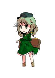 Rule 34 | 1girl, boots, brown footwear, card, chibi, dairi, dress, green dress, green eyes, green hair, green hat, green sleeves, hand up, hat, jewelry, key, key necklace, long sleeves, necklace, open mouth, short hair, simple background, solo, standing, tachi-e, touhou, transparent background, white background, worried, yamashiro takane