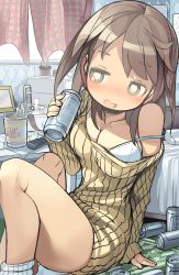 Rule 34 | 1girl, arm support, bed, beer can, blush, bra, breasts, brown hair, can, collarbone, curtains, diamond (shape), dress, drink can, drunk, dutch angle, empty eyes, gem (symbol), green eyes, i (deichi), jitome, loose socks, nissin cup noodle, off-shoulder, off-shoulder dress, off-shoulder sweater, off shoulder, open mouth, original, panties, pantyshot, phone, sitting, smile, socks, solo, sweater, sweater dress, underwear, white bra, white panties, white socks