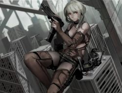 Rule 34 | 1girl, belt, black shorts, blurry, bodysuit, breasts, building, city, depth of field, detached sleeves, dutch angle, gun, hair between eyes, highres, holding, holding gun, holding weapon, jittsu, looking at viewer, machinery, nail polish, original, parted lips, shorts, sideboob, silver hair, solo, string, trigger discipline, weapon, white nails, wire
