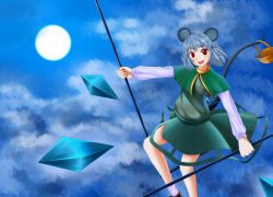 Rule 34 | 1girl, animal ears, basket, capelet, cloud, cloudy sky, dominico, dowsing rod, full moon, gem, highres, holding, holding with tail, jewelry, kalma538, long sleeves, moon, mouse (animal), mouse ears, mouse tail, nazrin, neckerchief, necklace, night, night sky, open mouth, pendant, prehensile tail, red eyes, shirt, short hair, silver hair, skirt, skirt set, sky, smile, solo, tail, touhou