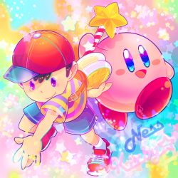 Rule 34 | 2boys, crossover, kirby, kirby (series), mother (game), multiple boys, ness (mother 2), nintendo, shirt, striped clothes, striped shirt