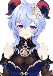 Rule 34 | 1girl, ahoge, bare shoulders, blue dress, blue hair, breasts, commentary request, dress, elbow gloves, ganyu (genshin impact), ganyu (twilight blossom) (genshin impact), genshin impact, gloves, hair ornament, highres, horns, large breasts, long hair, official alternate costume, purple eyes, simple background, sleeveless, sleeveless dress, solo, upper body, wagashi425, white background