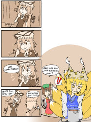Rule 34 | !, !!, 3girls, 4koma, blonde hair, bow, brown hair, cat tail, chen, chewing gum, comic, eyebrows, female focus, finnish text, fox tail, hair bow, hand on own chin, hands in opposite sleeves, long hair, monochrome, multiple girls, multiple tails, pot, sepia, setz, space invaders, sticker, stove, surprised, tail, thick eyebrows, touhou, translated, very long hair, wavy mouth, yakumo ran, yakumo yukari, yellow eyes, | |