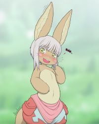 Rule 34 | 1other, ambiguous gender, animal ears, animal hands, blurry, blurry background, blush, cowboy shot, depth of field, furry, green eyes, hand up, highres, kionant, looking at viewer, made in abyss, nanachi (made in abyss), puffy pants, rabbit ears, signature, solo, standing, wide-eyed