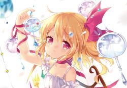 Rule 34 | 1girl, alternate costume, arm up, backlighting, bare shoulders, blonde hair, blurry, blurry foreground, blush, choker, closed mouth, collarbone, commentary request, depth of field, flandre scarlet, frown, hair between eyes, hair ribbon, jpeg artifacts, medium hair, mimi (mimi puru), no headwear, no headwear, one side up, red eyes, red ribbon, ribbon, ribbon choker, short sleeves, solo, sparkle, touhou, upper body, white background, wind chime, wings, wrist ribbon