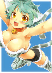 Rule 34 | 1girl, animal ears, aqua hair, armpits, arms up, bell, neck bell, blush, breasts, brown eyes, cat ears, cat tail, cleavage, collar, jingle bell, kayou (kayou-bi), large breasts, original, short hair, shorts, slit pupils, smile, solo, tail, thighhighs, yellow eyes, zettai ryouiki