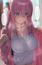 Rule 34 | ..., 1girl, blue eyes, blurry, blurry background, bocchi the rock!, breasts, camisole, collarbone, covered erect nipples, crop top, cube hair ornament, gotoh hitori, hair between eyes, hair ornament, hews, highres, jacket, large breasts, long bangs, long hair, long sleeves, open clothes, open jacket, parted lips, pink hair, pink jacket, solo, speech bubble, track jacket, upper body, wet, wet clothes, white camisole