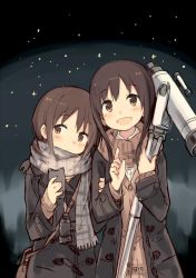 Rule 34 | 2girls, arm grab, bag, binoculars, blush, brown eyes, brown hair, cellphone, coat, collared shirt, eyebrows, head tilt, highres, holding, holding phone, kyuri, long hair, long sleeves, multiple girls, night, open clothes, open coat, original, outdoors, parted lips, phone, pointing, scarf, shirt, smartphone, sweater, telescope, white shirt, wing collar