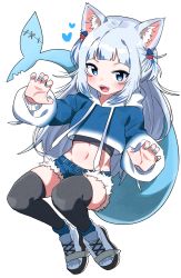 Rule 34 | 1girl, black thighhighs, blue eyes, blue hair, blue hoodie, blue nails, blue shorts, blush, claw pose, commentary, crop top, cutoffs, eyebrows hidden by hair, fins, fish tail, full body, gawr gura, grey hair, hair ornament, highres, hololive, hololive english, hood, hood down, hoodie, long hair, long sleeves, looking at viewer, midriff, multicolored hair, nail polish, navel, open mouth, puffy long sleeves, puffy sleeves, shark tail, sharp teeth, shoes, short shorts, shorts, simple background, solo, streaked hair, symbol-only commentary, tail, teeth, thighhighs, tosyeo, two side up, very long hair, virtual youtuber, white background, white footwear