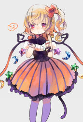 Rule 34 | 1girl, alternate costume, alternate wings, animal hands, bare shoulders, blonde hair, bow, braid, bubble skirt, closed mouth, dot mouth, dot nose, feet out of frame, flandre scarlet, gloves, hair bow, hiyuu (hiyualice), looking at viewer, medium hair, multicolored wings, no headwear, one side up, paw gloves, red bow, red eyes, single braid, skirt, solo, tail, touhou, wings