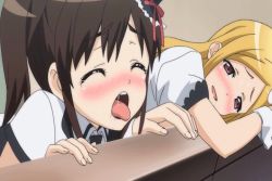 Rule 34 | 2girls, animated, animated gif, blonde hair, blush, breasts, brown hair, censored, cleavage, closed eyes, female focus, katekano idol sister, long hair, multiple girls, ooizumi maina, open mouth, pussy, saliva, saliva trail, sex, takano ayaka, tongue, tongue out