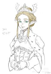 Rule 34 | 1girl, blonde hair, braid, cape, chinese commentary, closed mouth, commentary request, corset, crown braid, fur-trimmed cape, fur trim, green eyes, highres, jewelry, layered sleeves, light smile, long sleeves, looking at viewer, multiple rings, nintendo, own hands together, partially colored, pointy ears, princess zelda, ring, short hair, simple background, sketch, solo, the legend of zelda, the legend of zelda: tears of the kingdom, thick eyebrows, tiara, tixili, triforce print, upper body, watermark, weibo logo, weibo watermark, white background, wide sleeves