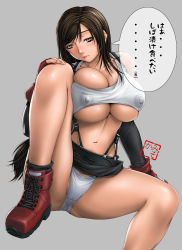 Rule 34 | 1990s (style), 1girl, blush, breasts squeezed together, breasts, brown hair, cleavage, clothes lift, covered erect nipples, final fantasy, final fantasy vii, fumizuki misoka, gloves, highres, huge breasts, large breasts, long hair, midriff, miniskirt, nipples, panties, pantyshot, pencil skirt, retro artstyle, skirt, skirt lift, solo, suspender skirt, suspenders, tifa lockhart, underwear, white panties
