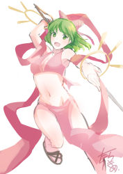 Rule 34 | 1girl, bow, breasts, dancer, dress, fire emblem, fire emblem: genealogy of the holy war, green eyes, green hair, groin, hair bow, lene (fire emblem), midriff, navel, nintendo, one-hour drawing challenge, open mouth, pink bow, pink dress, sandals, simple background, smile, solo, tarayuki