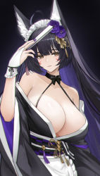 Rule 34 | 1girl, absurdres, ahoge, animal ears, apron, azur lane, bare shoulders, black background, black bow, black bowtie, black choker, black hair, black kimono, black ribbon, blunt bangs, blurry, bow, bowtie, breasts, choker, cleavage, colored inner hair, commentary, depth of field, facial mark, fingerless gloves, fingernails, flower, folding fan, fox ears, frilled apron, frilled hairband, frills, genera-x, gloves, hair flower, hair ornament, hairband, hand fan, hand up, highres, holding, holding fan, japanese clothes, kimono, large breasts, long fingernails, long hair, looking at viewer, maid, maid apron, maid headdress, multicolored hair, musashi (azur lane), musashi (violet moonglow) (azur lane), nail polish, parted lips, purple flower, purple nails, ribbon, sash, solo, tassel, upper body, wa maid, waist apron, white apron, white gloves, white hairband, wide sleeves