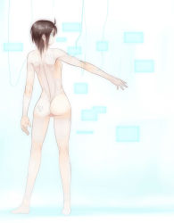 Rule 34 | 1girl, aqua eyes, ass, black hair, commentary, highres, nude, onibi (foxhound4185), original, patchwork girl (onibi), short hair, simple background, solo