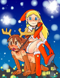 Rule 34 | 2girls, animal collar, animal costume, antlers, ball gag, bdsm, blonde hair, blue eyes, blush, boots, bridle, brown eyes, brown gloves, brown hair, chinpui, christmas, clothed female nude female, collar, crossed legs, crying, crying with eyes open, dalursa, elbow gloves, fake antlers, female focus, femdom, fendom, flat chest, fur-trimmed boots, fur trim, gag, gagged, gloves, hat, horns, kasuga eri, leash, long hair, lowres, midriff, multiple girls, night, nipples, nude, outdoors, ramb chop, red gloves, reindeer antlers, reindeer costume, reins, rope, santa costume, santa hat, sitting, sitting on person, smile, snow, snowflakes, tears, wiffle gag, yuri