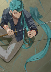 Rule 34 | 1boy, arm tattoo, bead necklace, beads, blouse, blue hair, blue shirt, cutting hair, eyeliner, feet out of frame, from above, grey pants, hands up, holding, holding hair, holding sword, holding weapon, jewelry, long sleeves, looking at hand, looking away, makeup, male focus, necklace, on floor, pants, red eyes, serota, severed hair, shirt, short hair, sitting, sleeves rolled up, smile, solo, sword, tatami, tattoo, touken ranbu, weapon, yamabushi kunihiro