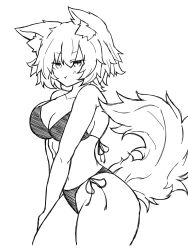 1girl :t alternate_costume animal_ears bikini breasts cowboy_shot fumomono highres inubashiri_momiji large_breasts monochrome pout short_hair side-tie_bikini_bottom simple_background sketch solo swimsuit tail thighs three_quarter_view touhou v-shaped_eyebrows wolf_ears wolf_tail