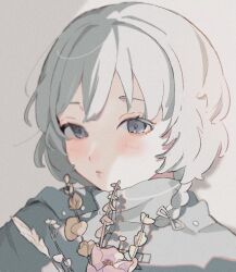 Rule 34 | 1girl, blurry, blush, braid, closed mouth, colored eyelashes, commentary, depth of field, film grain, flower, flower request, grey eyes, grey hair, grey jacket, grey theme, hair ribbon, half-closed eyes, high collar, highres, holding, holding flower, indie utaite, jacket, looking at viewer, medium hair, pink flower, portrait, ribbon, shadow, side braid, sidelighting, simple background, solo, soreyue (utaite), utaite, v ounenne, white background