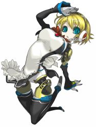 Rule 34 | 1girl, aegis (persona), android, apron, arched back, arm up, atlus, black thighhighs, blonde hair, blue eyes, cosplay, detached sleeves, dream c club, dream c club (series), hairband, ili (dream c club), ili (dream c club) (cosplay), indee, maid, maid apron, persona, persona 3, short hair, side slit, solo, thighhighs