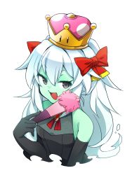 Rule 34 | 1girl, absurdres, bare shoulders, black gloves, bow, bow (paper mario), brooch, colored skin, crown, elbow gloves, folding fan, gloves, green skin, grey eyes, hair between eyes, hair bow, hand fan, highres, holding, holding fan, jewelry, kishiro azuhito, long hair, looking at viewer, mario (series), new super mario bros. u deluxe, nintendo, paper mario, paper mario 64, red bow, simple background, solo, super crown, white background, white hair
