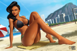 Rule 34 | 1girl, arm support, ass, asymmetrical hair, bare arms, bare legs, bare shoulders, barefoot, beach, bikini, bikini top only, black bikini, blue sky, bracelet, breasts, building, buruma, city, cleavage, cornrows, curvy, dark skin, dark-skinned female, day, earrings, feet, female focus, iury padilha, jewelry, laura matsuda, lipstick, long hair, looking to the side, makeup, mountain, navel, ocean, red lips, sand, sitting, sky, solo, stomach, street fighter, street fighter v, swimsuit, thick thighs, thighs, toes, umbrella, wide hips